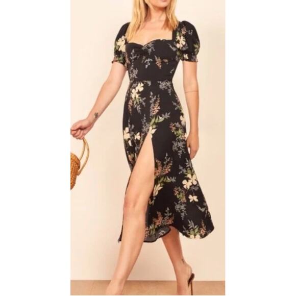 Reformation Luciana Black Floral Midi Dress Side Slit Puff Sleeve Flowy Romantic - Picture 1 of 9